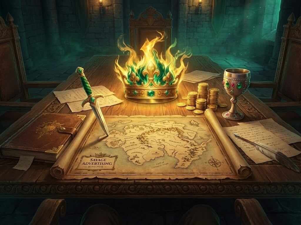 Savage Advertising Kingdom desk with crown, map, and treasures